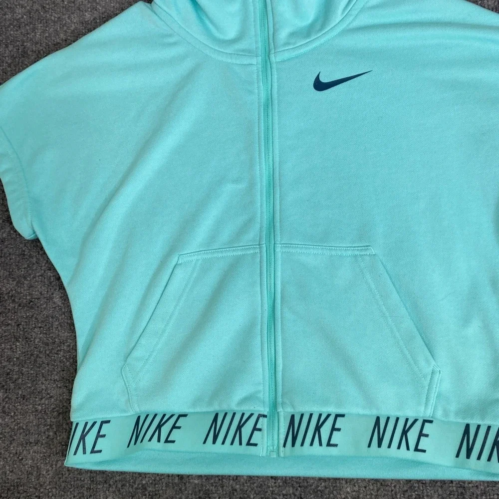 Nike Dri-FIT Girls Full Zip Short Sleeve Hoodie Aqua Blue 859966-446 Large
